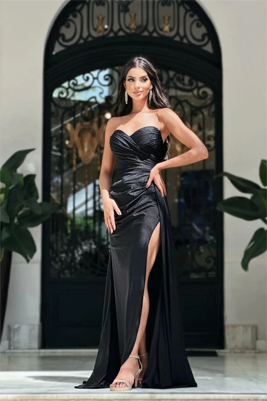 Ballbellas Glamorous Black Stain Strapless Sleeveless Pleated Long Evening Dress with Split