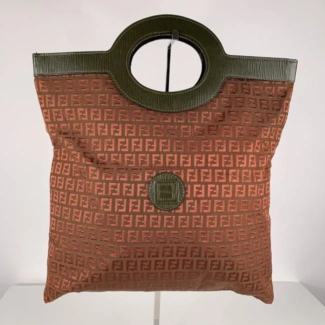 Fendi Zucchino Print Canvasleather Top Handle Porthole Burgundy And Olive Green Leather Coated Canva