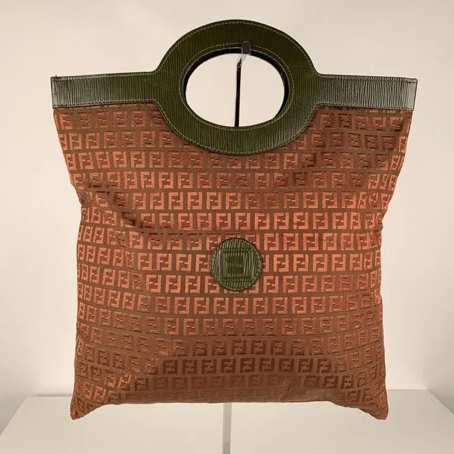 Fendi Zucchino Print Canvasleather Top Handle Porthole Burgundy And Olive Green Leather Coated Canva