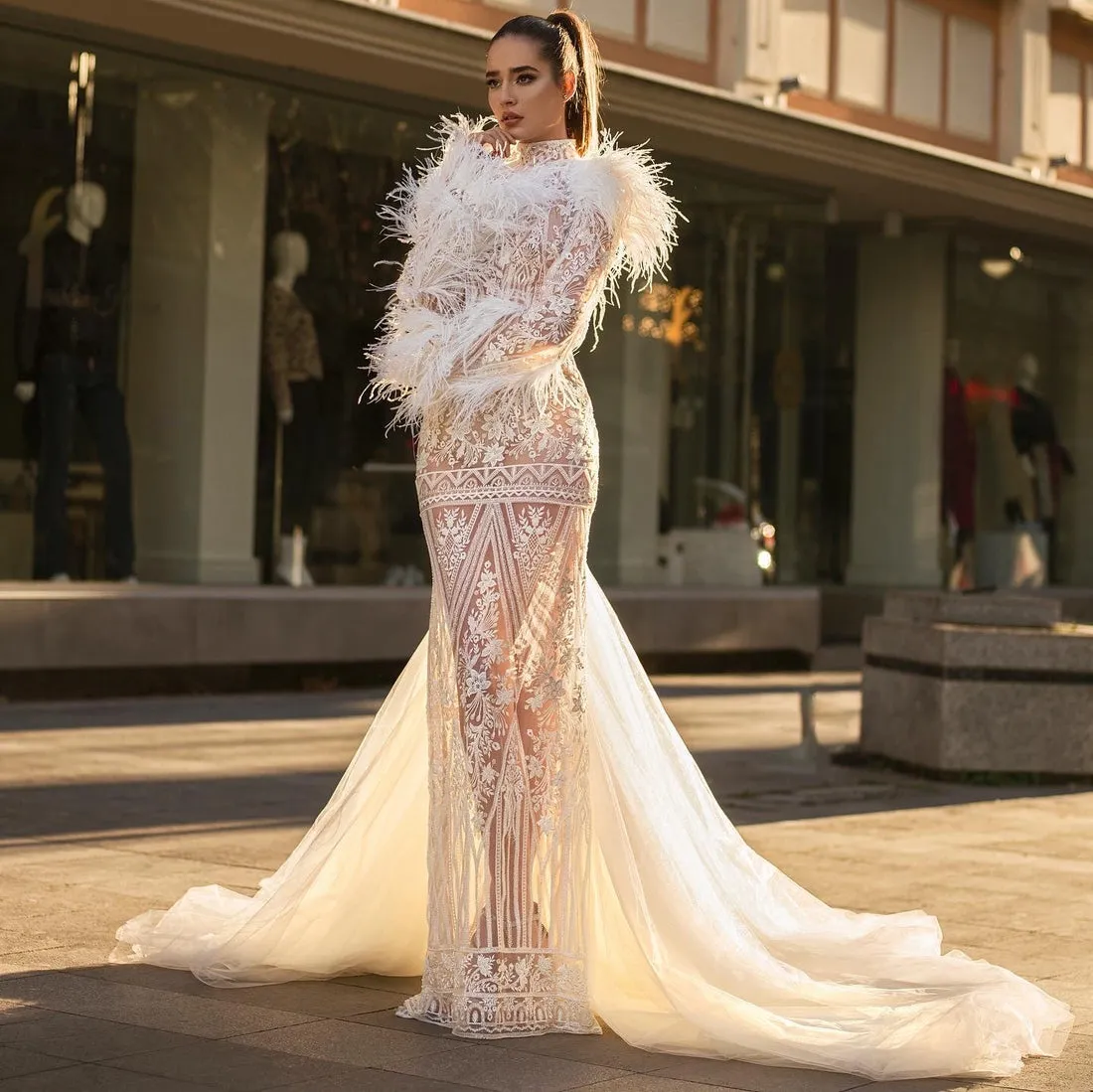Reina White Elegant High Neck Evening Dress