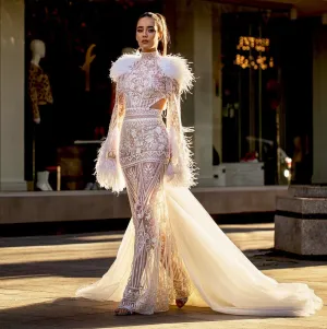 Reina White Elegant High Neck Evening Dress