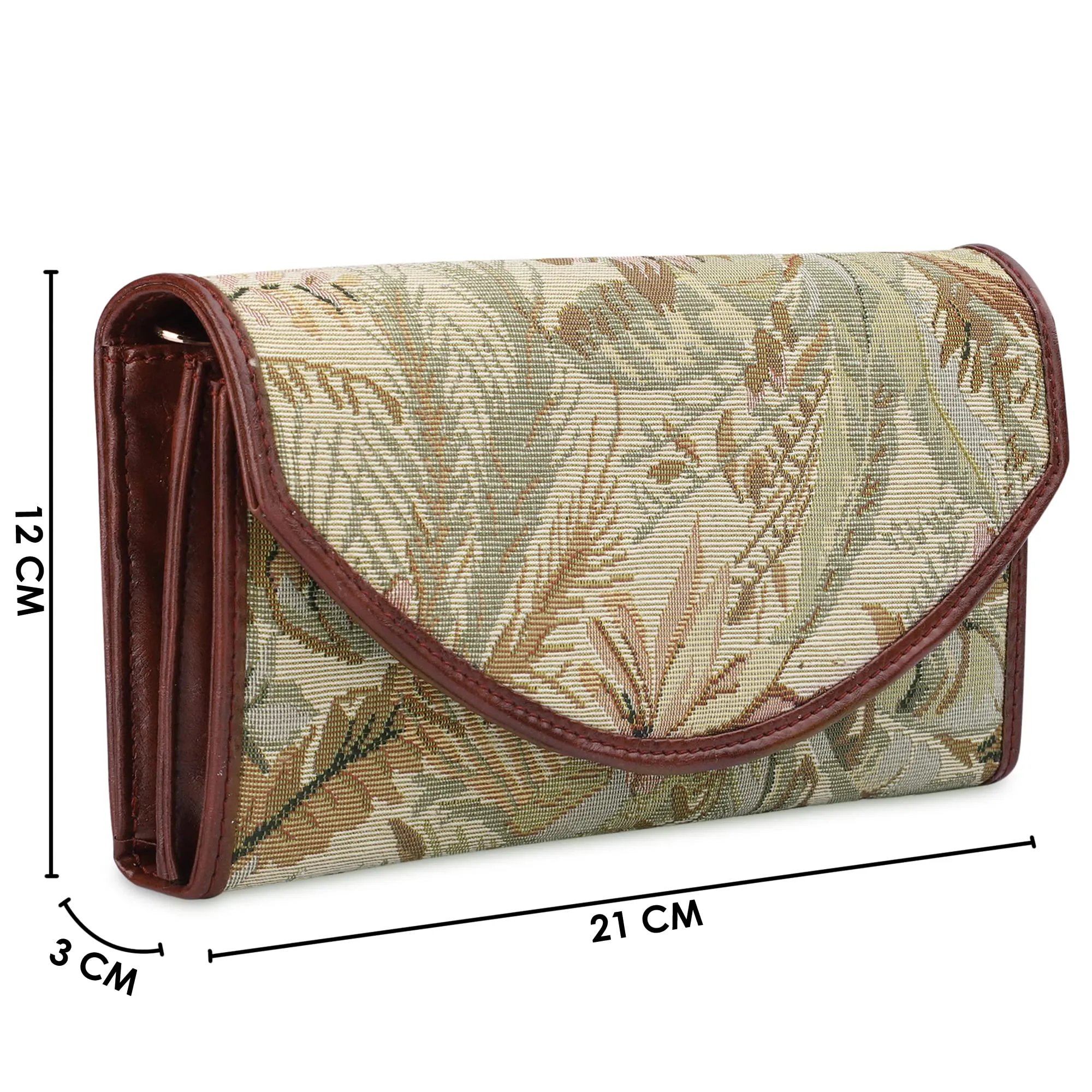 THE CLOWNFISH Mia Collection Tapestry Fabric & Faux Leather Snap Flap Closure Womens Wallet Clutch Ladies Purse with Multiple Card Holders (Beige)
