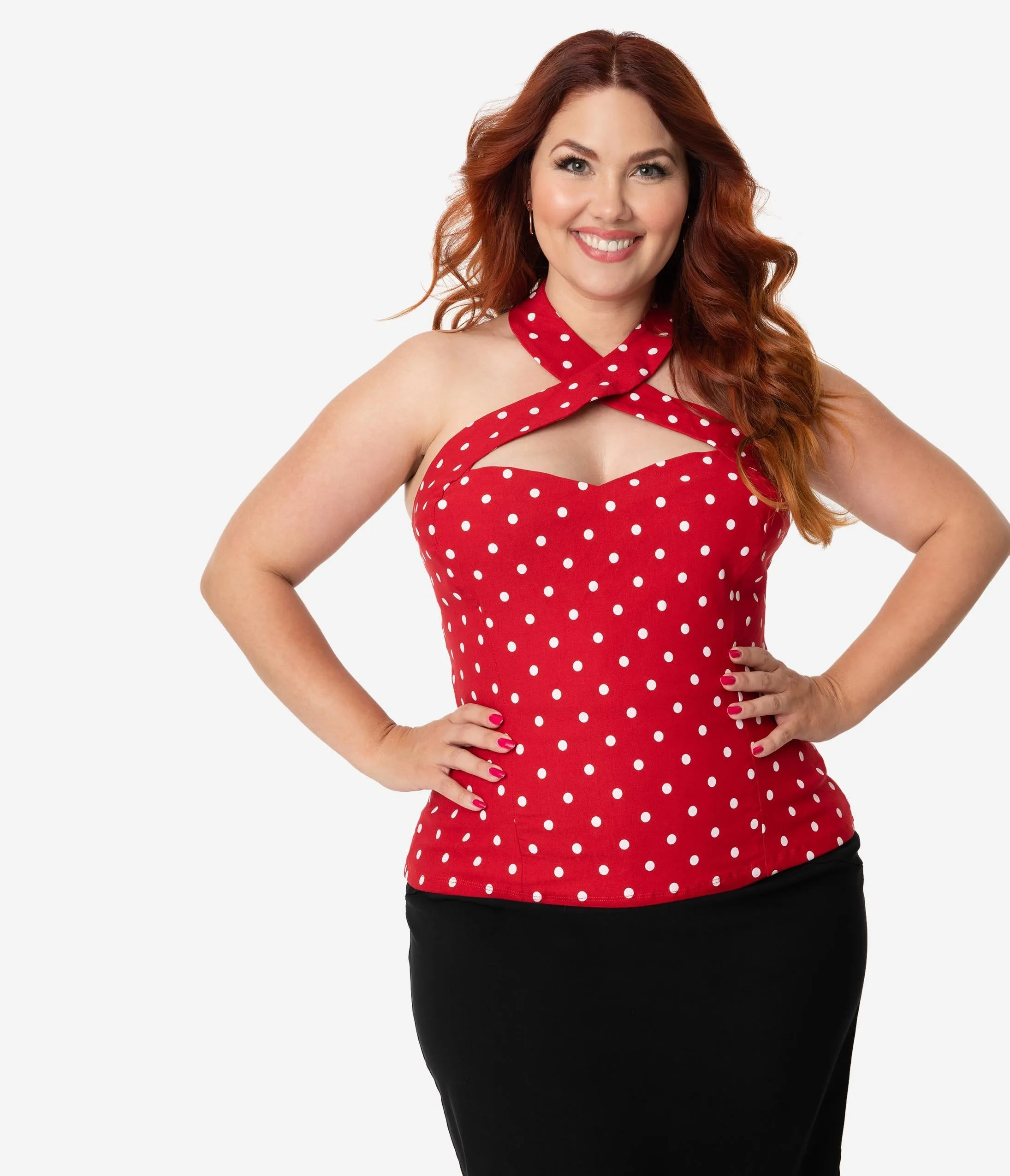 Unique Vintage Plus Size Red & White Dotted Stretch Rita Cross Halter Top
