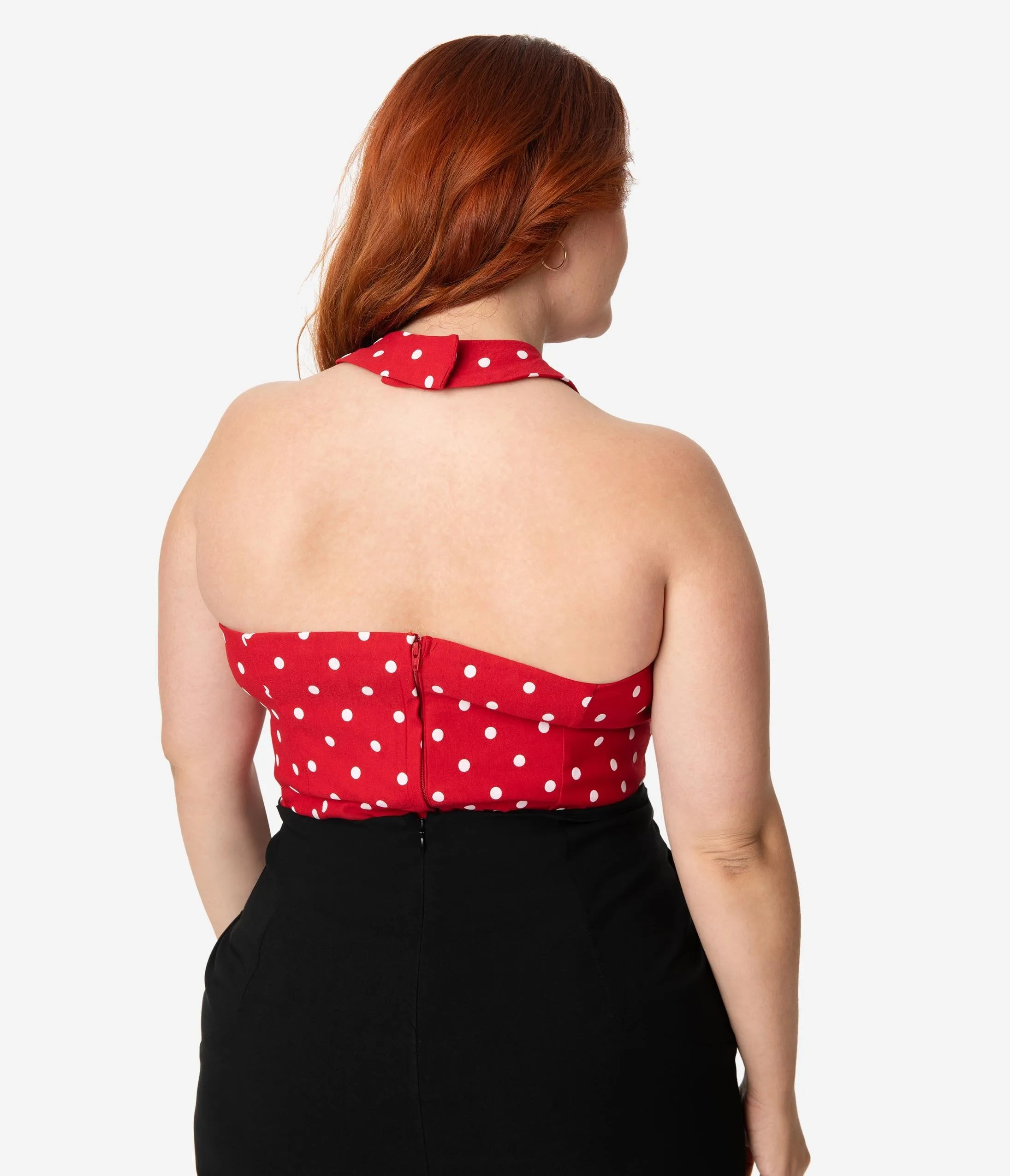 Unique Vintage Plus Size Red & White Dotted Stretch Rita Cross Halter Top