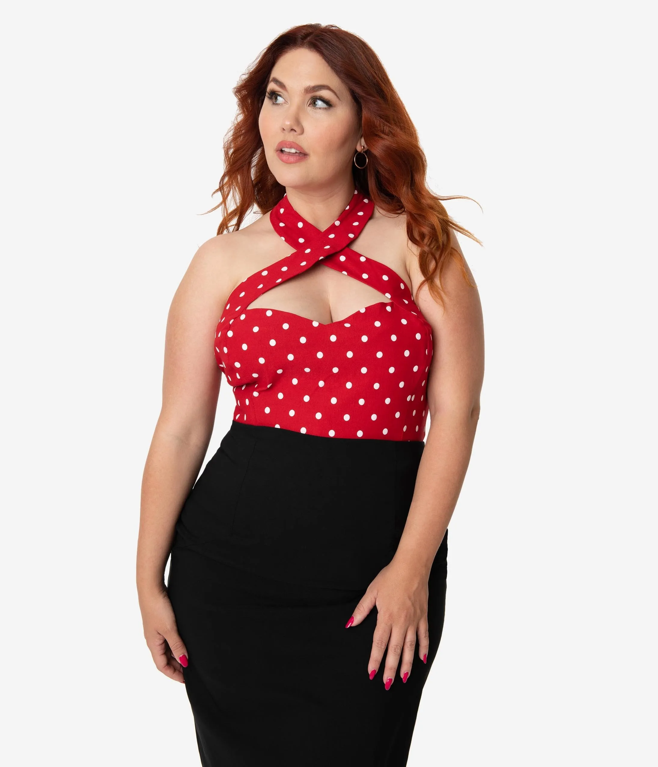 Unique Vintage Plus Size Red & White Dotted Stretch Rita Cross Halter Top