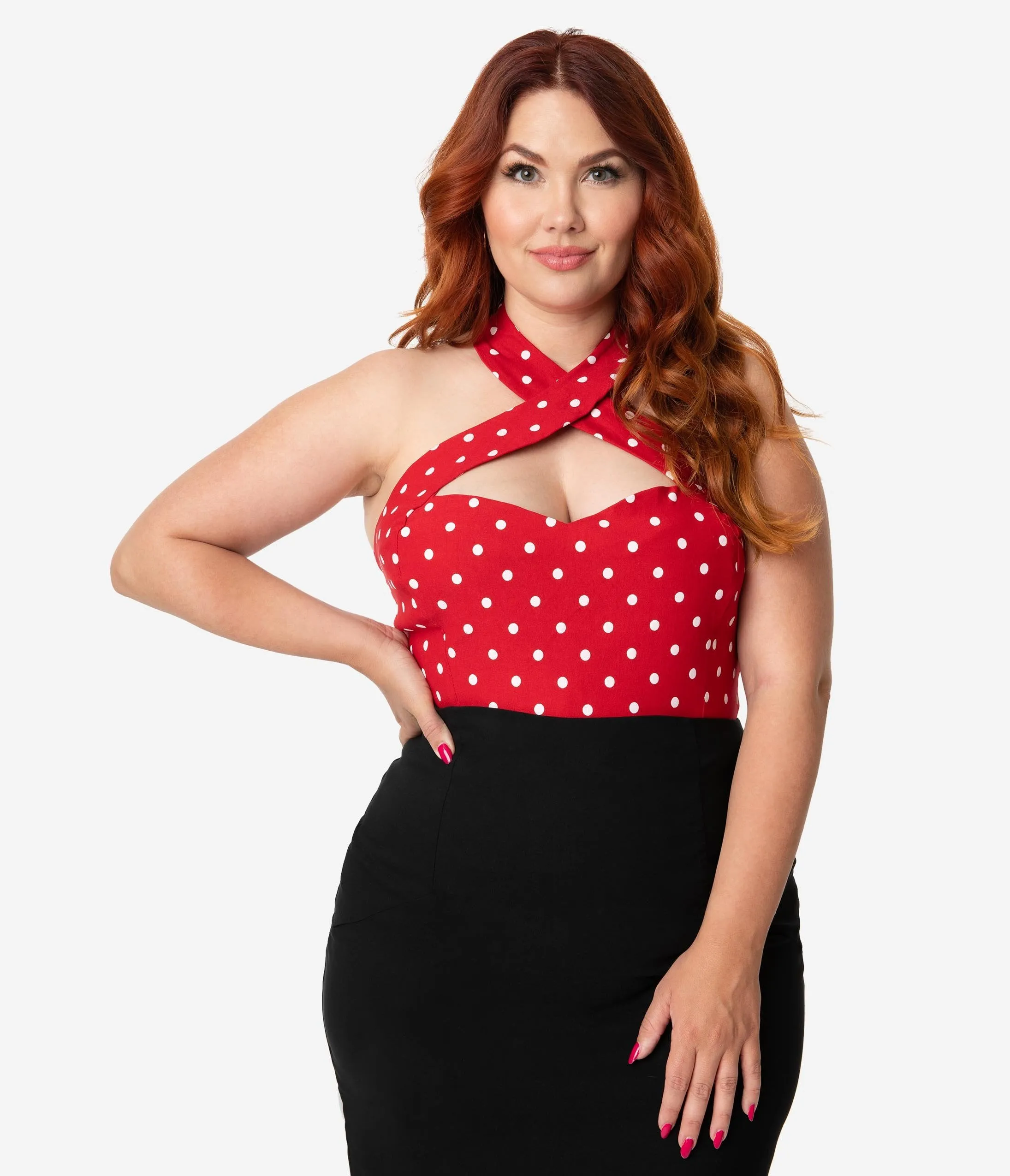 Unique Vintage Plus Size Red & White Dotted Stretch Rita Cross Halter Top